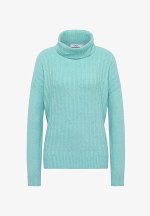 Vaaleansininen turtleneck-neulepaita, jossa on teksturoitu ribbikuvio, pitkät hihat ja rento istuvuus, valmistettu pehmeästä neuloskankaasta.