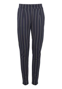 Navy-Hosen im Slim-Fit-Schnitt mit vertikalen cremefarbenen Streifen, elastischem Bund und glatter Textur. Maßgeschneiderte Gestaltung geeignet für Freizeitkleidung.
