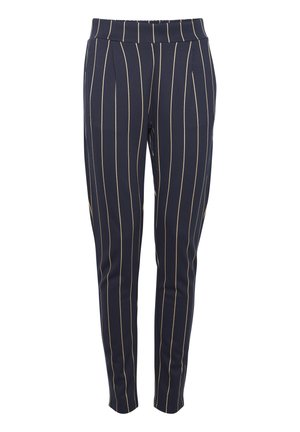 Navy trousers with a slim fit, featuring vertical cream stripes, elastic waistband, and a smooth texture. Tailored design suitable for casual wear.