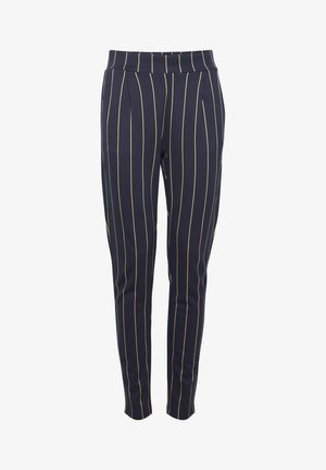 Pantalon navy avec une coupe slim, présentant des rayures verticales crème, une taille élastique et une texture lisse. Design ajusté adapté pour un style décontracté.