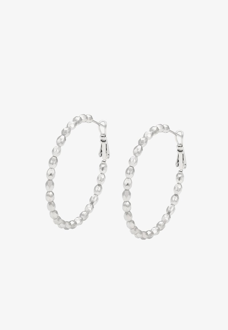 Stříbrné kruhové náušnice s korálkovým designem, s leštěným povrchem a sponou pro bezpečné zapínání. Lehká a kulatá forma.