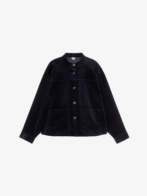 Black button-up jacket with long sleeves, two front patch pockets, and a short stand collar, laid flat on a white background.