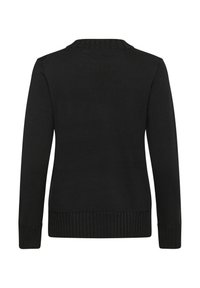 Schwarzer Pullover mit langen Ärmeln, gerippten Bündchen, Saum und Rundhalsausschnitt, von hinten auf einem weißen Hintergrund gezeigt.