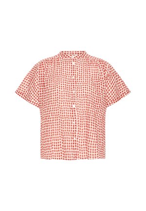 Korte mouwen overhemd met knopen, met rood-wit abstract stippenpatroon en een kleine kraag.