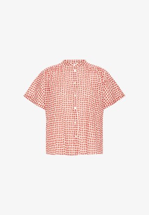 Korte mouwen overhemd met knopen, met rood-wit abstract stippenpatroon en een kleine kraag.