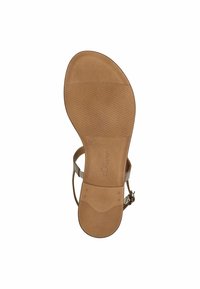 Sandală cu o talpă din cauciuc de culoare maro deschis, având o textură netedă, curea ajustabilă și logo-ul mărcii embosat. Mărimea este marcată ca 37.