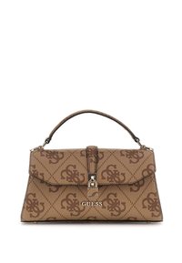 Brown synthetic handbag featuring a textured finish, geometric pattern, top handle, and metal hardware closure. Logo displayed on the front.