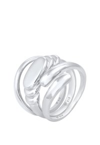Silberring mit ineinander verwobenen Bändern in ovalen und runden Formen. Glatte Textur mit polierter Oberfläche. Markiert mit "925" für die Silberqualität.