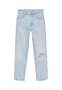 Jeans in denim blu chiaro con vita alta, taglio dritto e caratteristiche strappate, tra cui aree sfilacciate e strappate sulle gambe.
