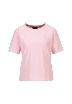 T-shirt à manches courtes rose pâle avec col rond et logo brodé subtil sur la poitrine gauche, présenté sur un fond blanc.