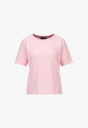Light pink short-sleeve crew neck T-shirt with subtle embroidered logo on left chest, displayed on a white background.