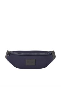 Granatowa nerka wykonana z neoprenu z czarnymi skórzanymi akcentami. Posiada zamknięcie na suwak u góry oraz skórzaną łatkę z logo dla identyfikacji.