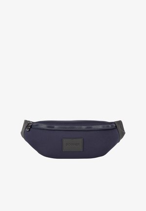 Tmavě modrá ledvinka z neoprenu s černými koženými doplňky. Má horní zip a koženou nášivku s logem pro identifikaci.