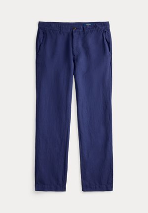 Navy blue men's straight-leg cotton pants with front pockets, button closure, and belt loops, labeled "Polo" on the waistband.