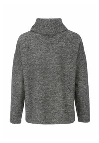 Harmaa neulepaita korkealla kauluksella, laskeutuvilla hartioilla ja laatikkomainen istuvuus. Pehmeä rakenne, jossa heather-kuvio, sopii kerrokselliseen käyttöön.