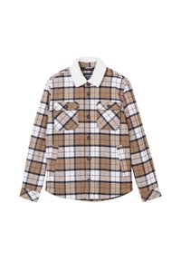 Giacca a camicia a quadri marrone con accenti bianchi e navy, dotata di un morbido colletto bianco, due tasche sul petto e chiusure a bottone.