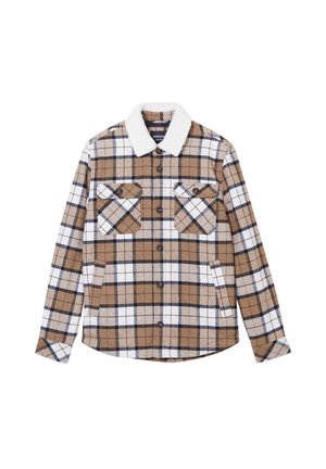 Veste à carreaux marron avec des accents blancs et marins, dotée d'un col blanc doux, de deux poches poitrine et de fermetures à bouton.