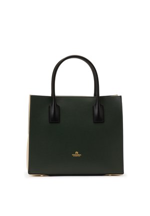Sac à main structuré vert foncé et crème avec deux poignées noires et petit texte de logo doré centré à l'avant.
