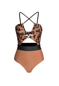 Costume intero con stampa leopardata marrone e nera, caratterizzato da scollatura a V, spalline incrociate, lati con aperture e una fascia nera in vita.