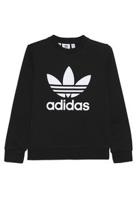 Černá mikina vyrobená z měkké bavlny, s velkým bílým logem Adidas a designem trojlístku na přední straně, s žebrovanými manžetami a výstřihem.