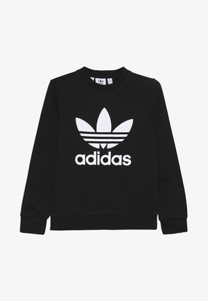 Felpa nera in morbido cotone, caratterizzata da un grande logo Adidas bianco e un design a trifoglio sulla parte anteriore, con polsini e scollo a costine.