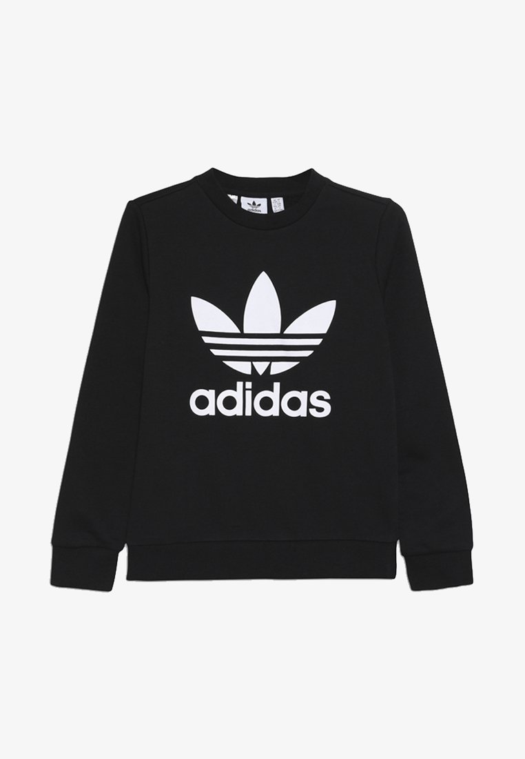 Sweatshirt noir en coton doux, avec un grand logo Adidas blanc et un design de trèfle à l'avant, et des poignets et un col côtelés.