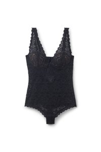 Černý krajkový body s květinovým vzorem, vroubkovanými okraji a nastavitelnými ramínky. Má přiléhavý střih a zapínání na háčky vzadu.