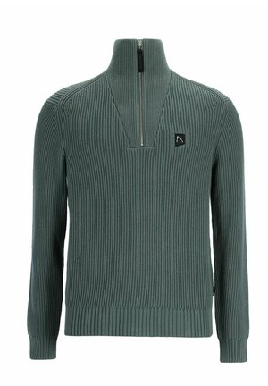 Pull en tricot de couleur vert muet, doté d'une fermeture éclair mi-longue et d'une texture côtelée. Comprend un petit logo noir sur la poitrine. Manches longues.