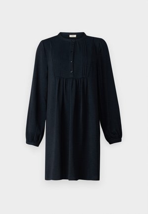 Dark blue dress with a round collar, buttoned placket, long puffed sleeves, and textured fabric. Features vertical pleats and a loose fit.