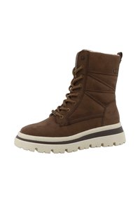 Stivale alla caviglia in pelle scamosciata marrone, con lacci, superiore testurizzato, colletto imbottito, suola piatta in gomma e accenti bianchi e marroni scuri a contrasto.