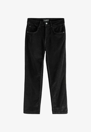 Jeans en denim noir avec une coupe droite, poches avant, fermeture par un seul bouton et détails de couture subtils.