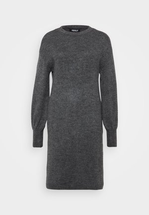 Abito grigio a maglia con maniche lunghe e voluminose e scollatura rotonda. Tessuto morbido e vestibilità rilassata. Nessun motivo o decorazione visibile.