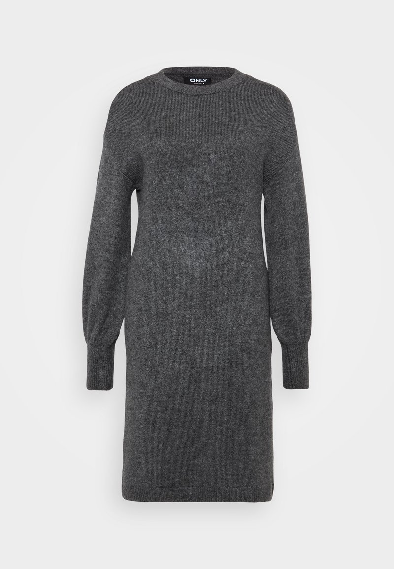 Robe en tricot gris avec de longues manches volumineuses et un col rond. Texture douce et coupe décontractée. Pas de motifs ni d'embellissements visibles.