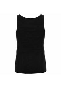 Black sleeveless top with a ribbed texture, round neckline, and fitted shape, featuring subtle horizontal stripes across the fabric.
