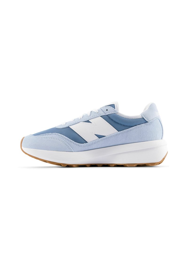 Blue and white athletic shoe with a smooth fabric upper, suede accents, white logo, cushioned sole, and textured gum rubber outsole.
