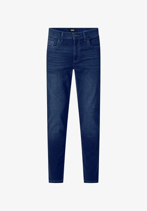 Jean en denim bleu foncé à coupe droite, muni de cinq poches et d'une fermeture classique à boutons. Le tissu présente une légère texture et une décoloration.