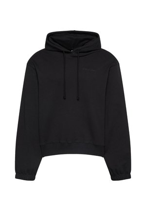 Sort cropped hættetrøje lavet af blødt stof med snørre ved hætten, ribbede manchetter og et diskret broderet logo på fronten.