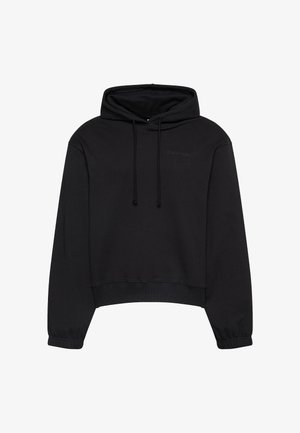 Schwarzer, kurz geschnittener Hoodie aus weichem Stoff mit Kordelzugkapuze, gerippten Bündchen und einem dezenten, auf der Vorderseite gestickten Logo.