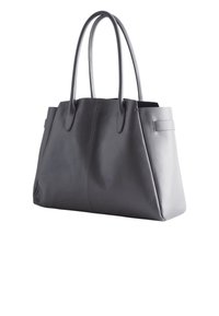 Gray leather tote bag with two long handles, rectangular shape, minimal seams, smooth texture, and side pocket detail.