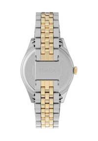 Montre en acier inoxydable avec un bracelet à maillons bicolore argent et or. Présente un boîtier rond et un cadran texturé avec une couronne sur le côté.