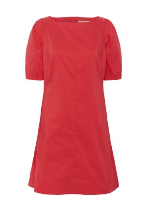 Crvena haljina s kvadratnim izrezom, kratkim napuhanim rukavima i lepršavim siluetom. Napravljena od glatkog materijala s minimalnim šavovima i zatvaračem na leđima.