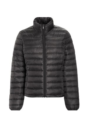 Schwarze Daunenjacke mit vertikalem Steppdesign, hohem Kragen, durchgehendem Reißverschluss und elastischen Bündchen. Glänzendes, leichtes Material.