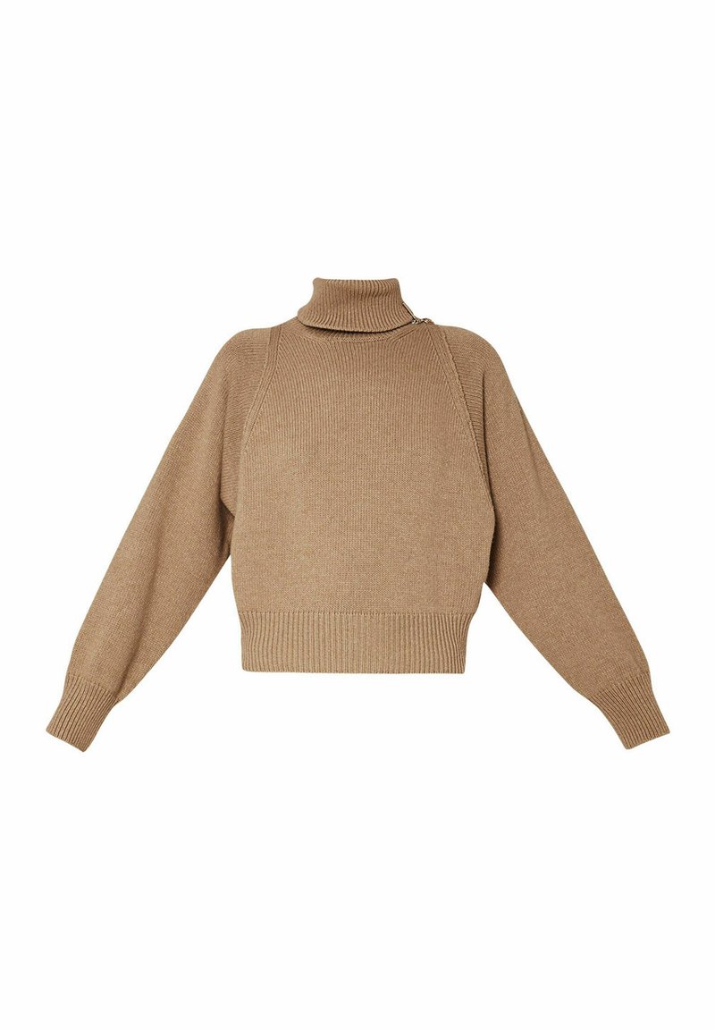 Beige gebreide coltrui met een cropped ontwerp, losse lange mouwen en rib gebreide manchetten en zoom. Zachte textuur met een relaxte pasvorm.