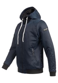 Marineblaues Zip-Jacket mit Kapuze, weißen Kordeln, Seitentaschen, gerippten Bündchen und einem Logo-Patch am Oberarm. Glattes Material.