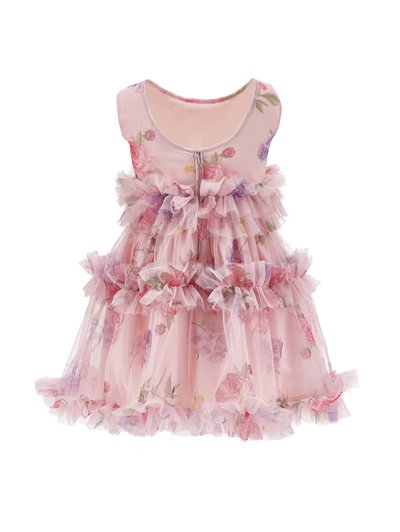 Ροζ αμάνικο φόρεμα κοριτσιού με λουλουδάτο μοτίβο, στρωματοποιημένες βολάν από τούλι και κλείσιμο με φερμουάρ στο μπροστινό μέρος.