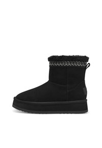 Stivaletti neri in suede con un morbido rivestimento in pelo, caratterizzati da una fascia decorativa intrecciata e una spessa suola in gomma per garantire aderenza.
