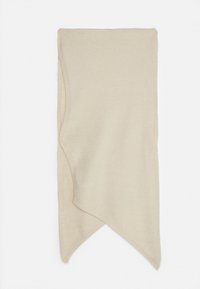 Écharpe beige douce avec des extrémités pointues asymétriques, affichée à plat sur un fond blanc.