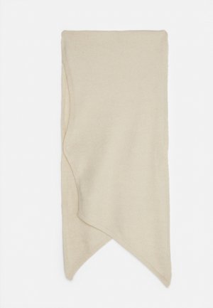 Écharpe beige douce avec des extrémités pointues asymétriques, affichée à plat sur un fond blanc.