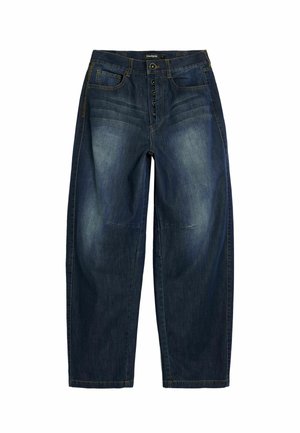 Donkerblauwe denim jeans met een losse pasvorm, voorzien van een knoopsluiting, vijf zakken en subtiele vervaging aan de voor- en achterkant.