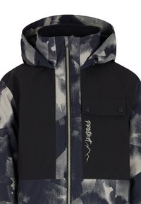 Schwarze und dunkelblaue Jacke mit bedruckter Kapuze, Reißverschluss, Druckknopftaschen und Logodetail. Hergestellt aus einem weichen, strukturierten Material.